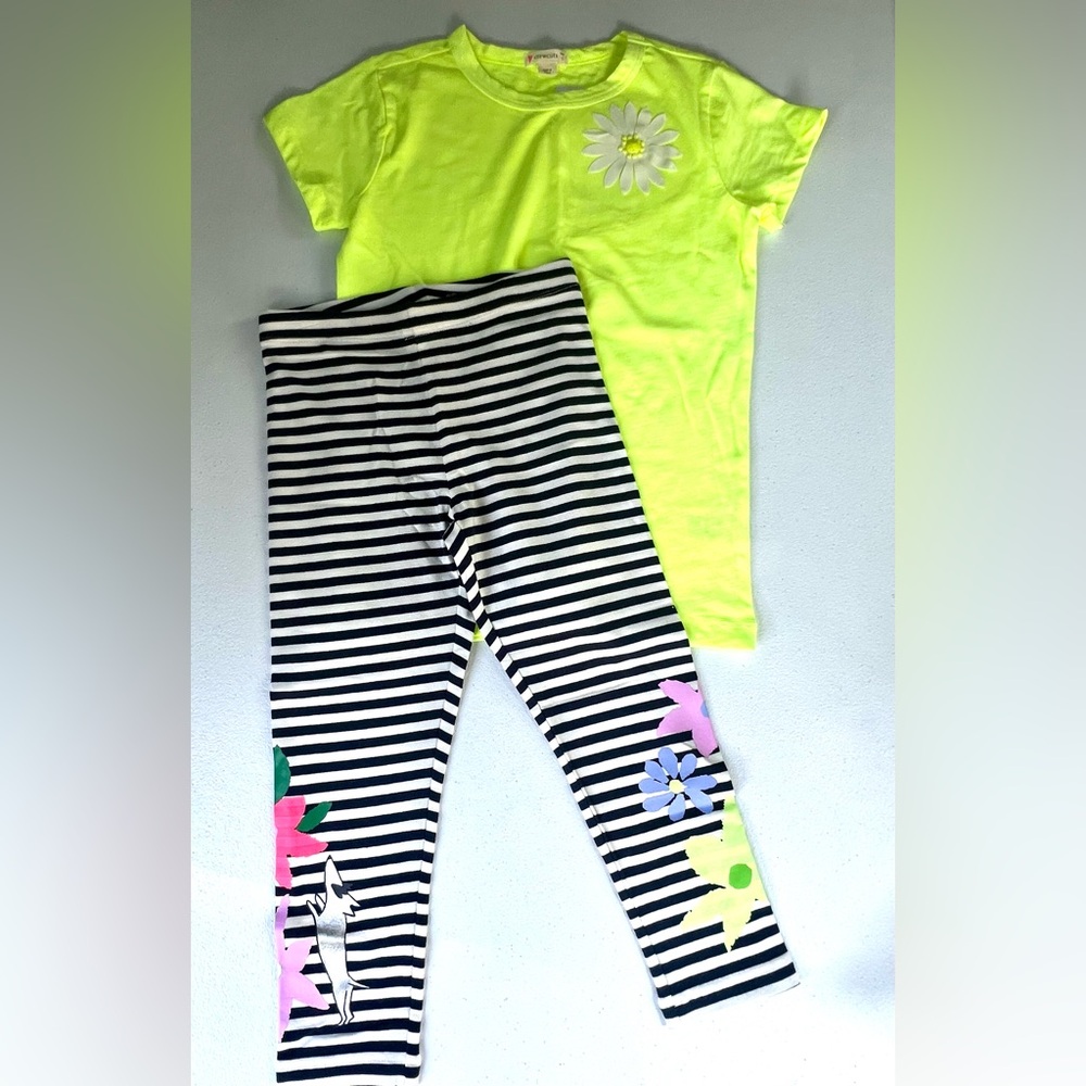 NWT Crewcuts Girls Bundle Outfit Neon Flower Top Tee Striped leggings Size 7/8